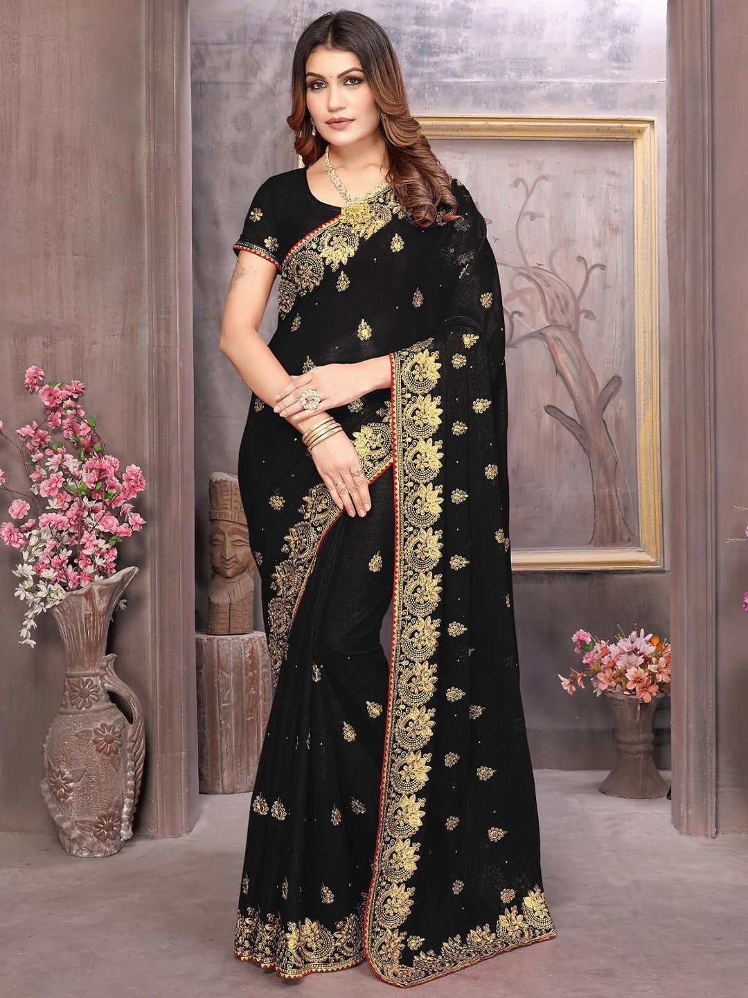 

KHRITI FAB Floral Beads and Stones Pure Georgette Saree, Black