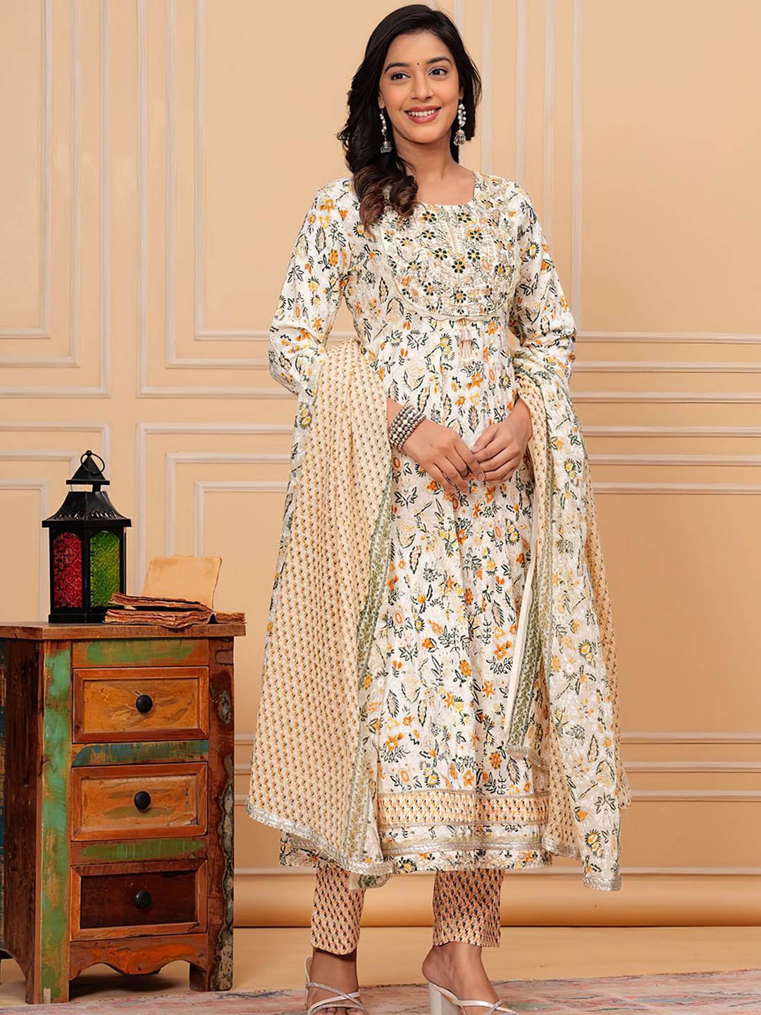 

KALINI Floral Embroidered Regular Mirror Work Pure Cotton Kurta ,Trousers & Dupatta, Yellow