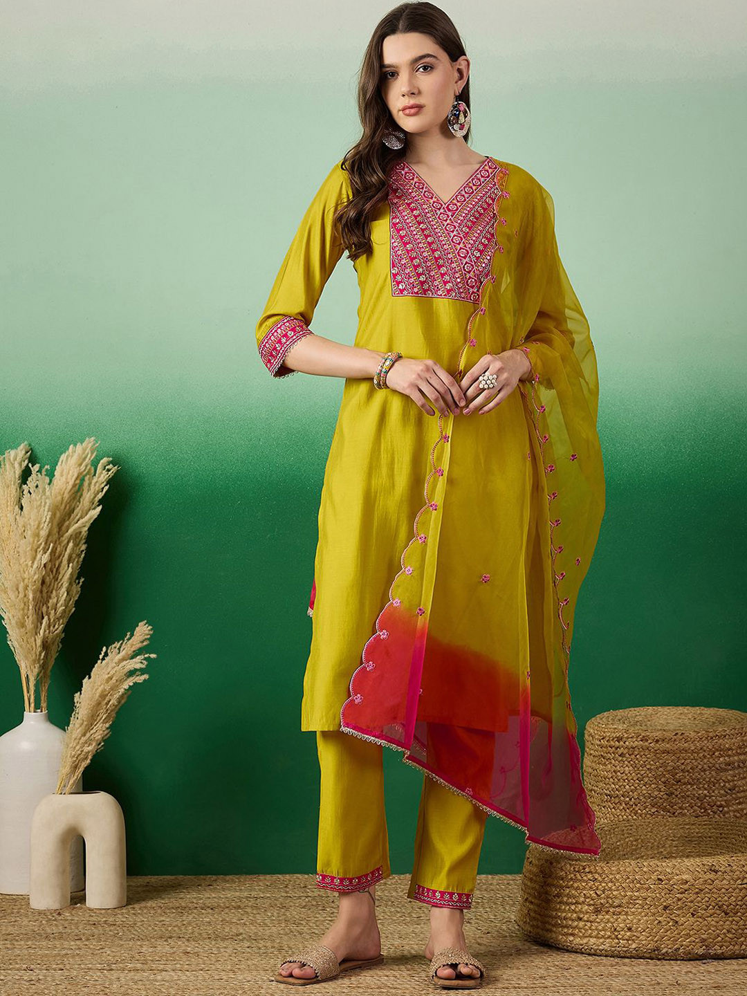 

Sangria Yellow Floral Embroidered V-Neck Straight Kurta With Trouser & Dupatta