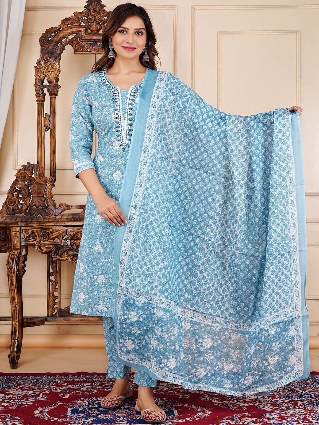 

RAJPUTANA CAMISA Floral Printed Regular Pure Cotton Kurta with Trouser & Dupatta, Blue