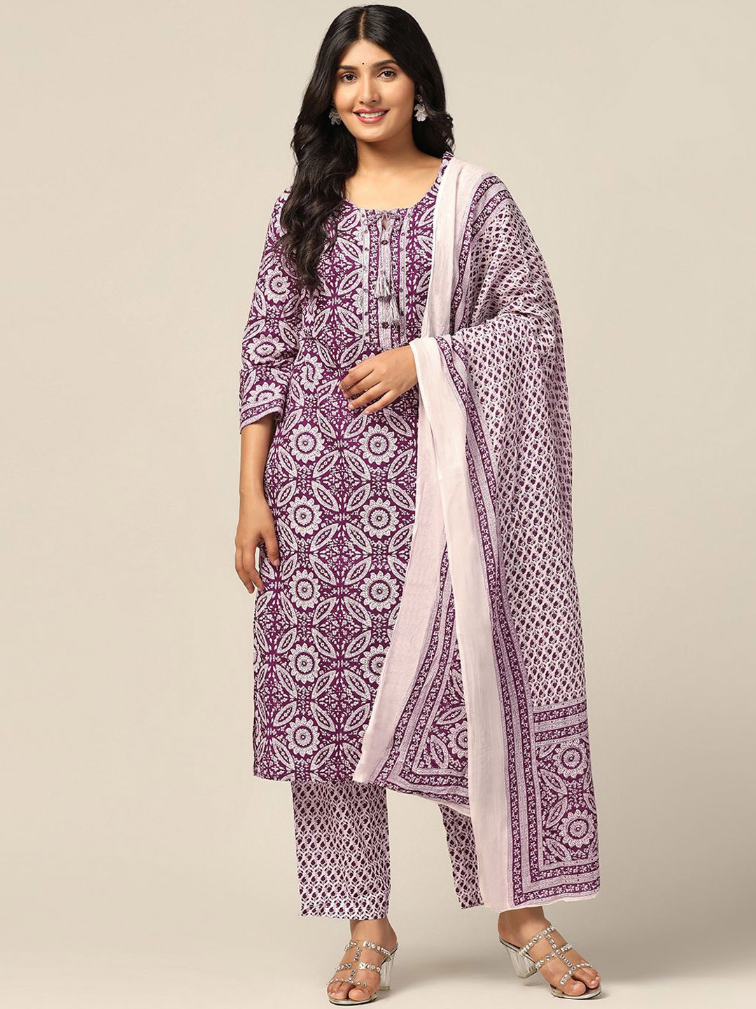 

FASHION DREAM Floral Printed Tie-Up Neck Kurta With Trousers & Dupatta, Purple