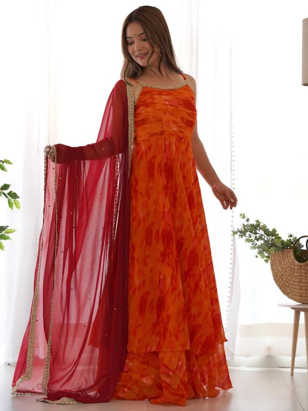 

Rangpur Floral Printed Shoulder Straps Thread Work Anarkali Kurta With Dupatta, Orange
