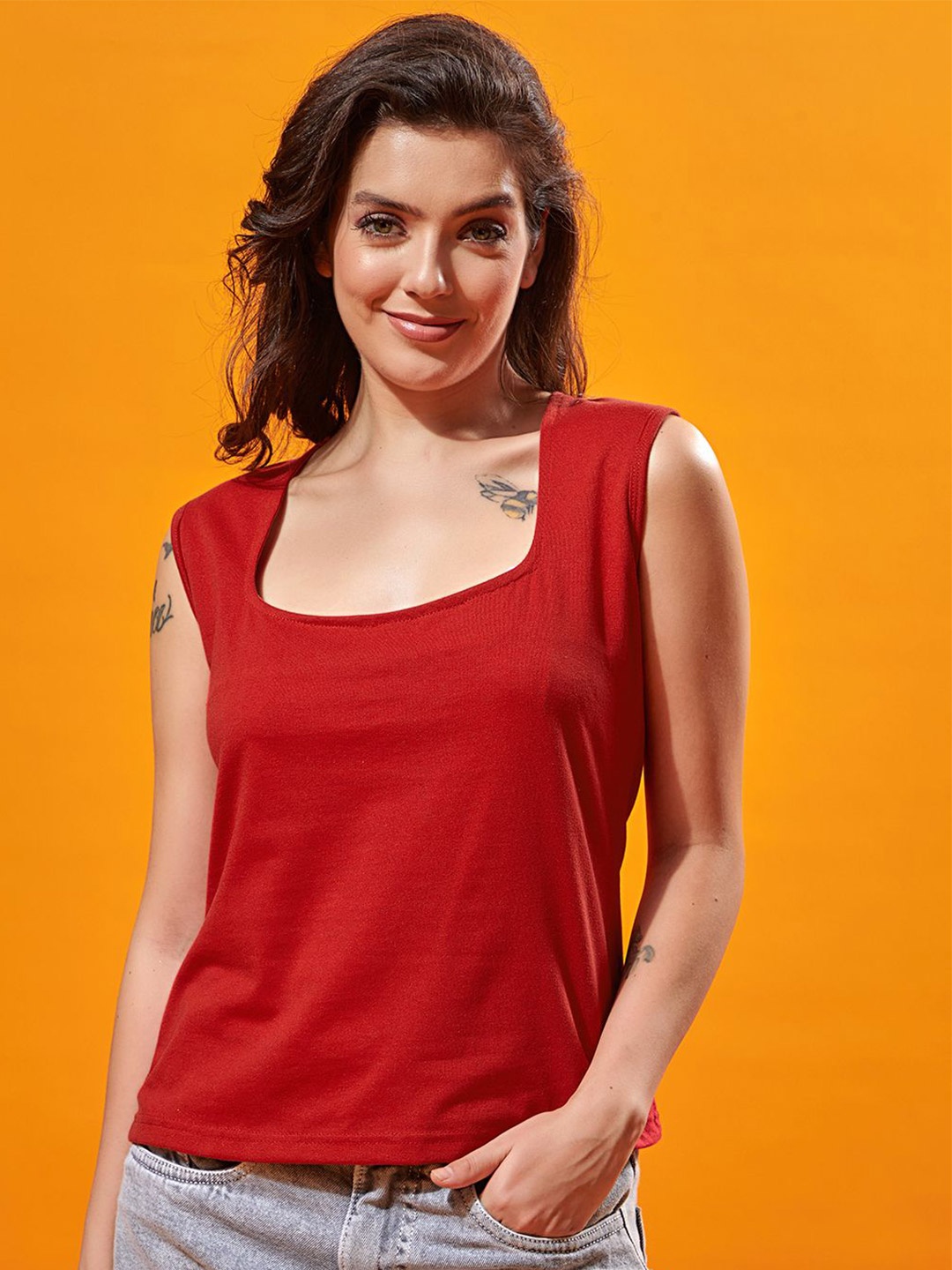 

STHULAS Women V-Neck Cut Outs T-shirt, Red
