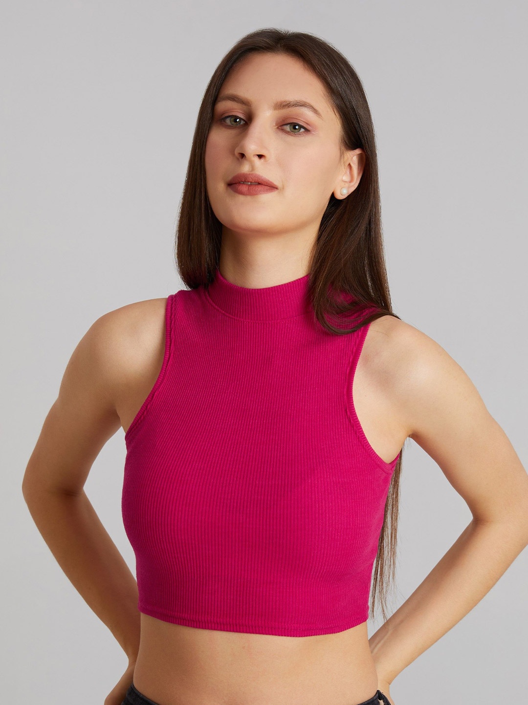 

BerryBird High Neck Solid Sleeveless Crop Top, Pink