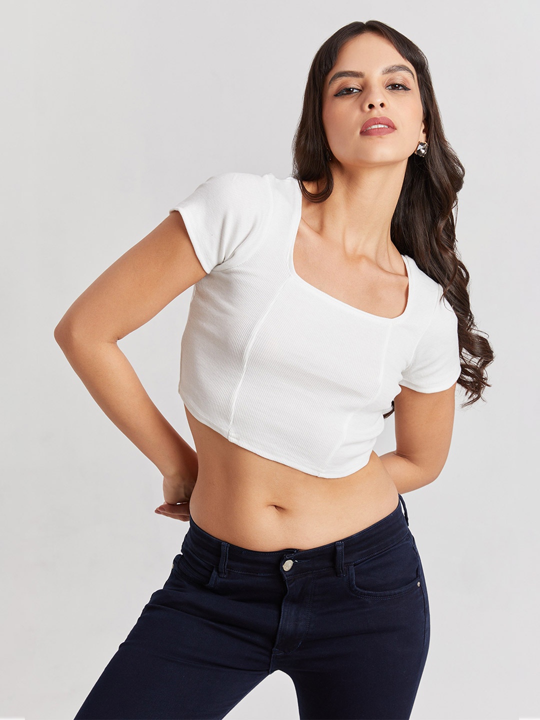 

BerryBird Square Neck Solid Crop Top, White
