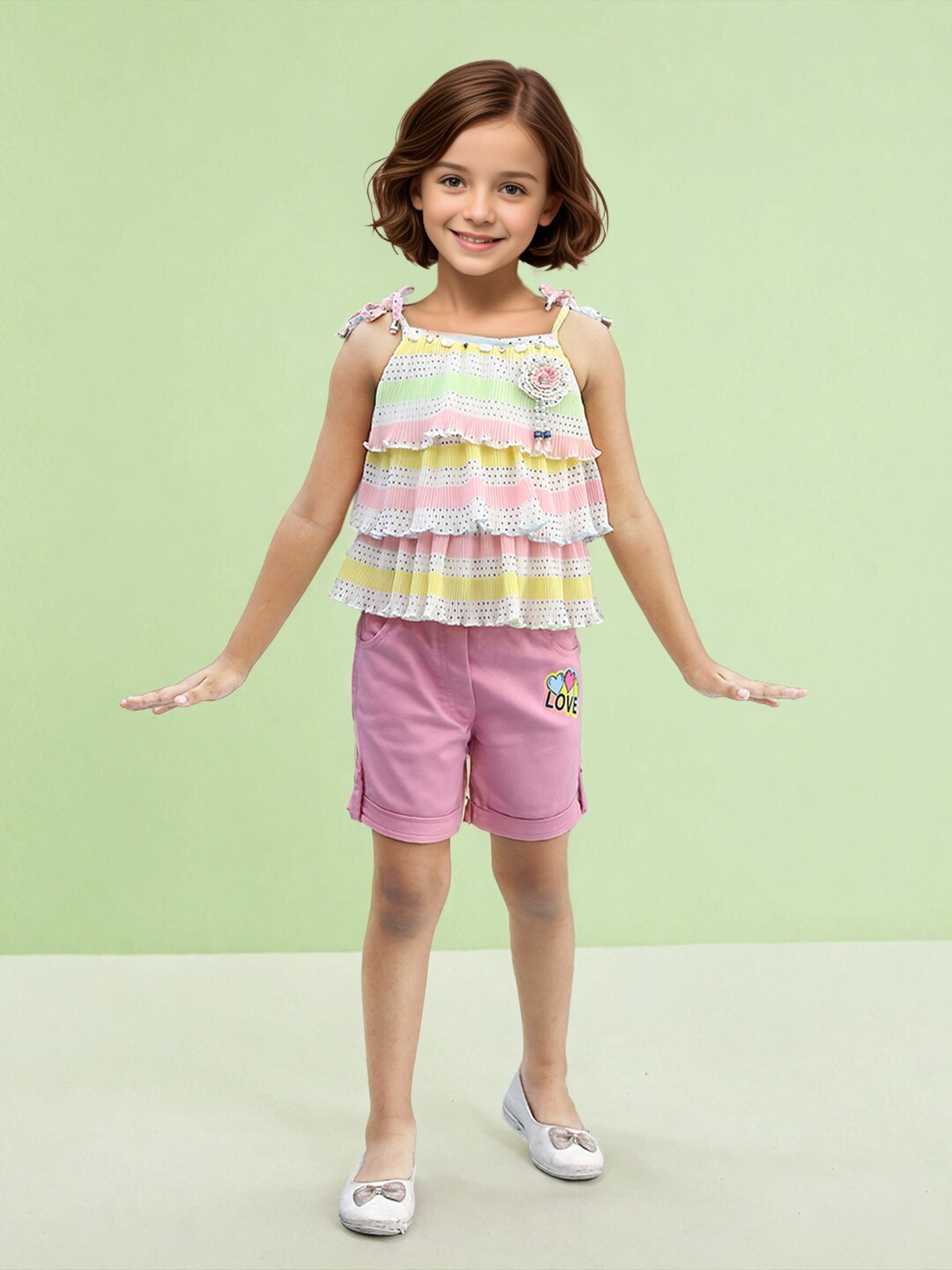 

Toonyport Girls Printed Shoulder Straps Top with Shorts, Pink