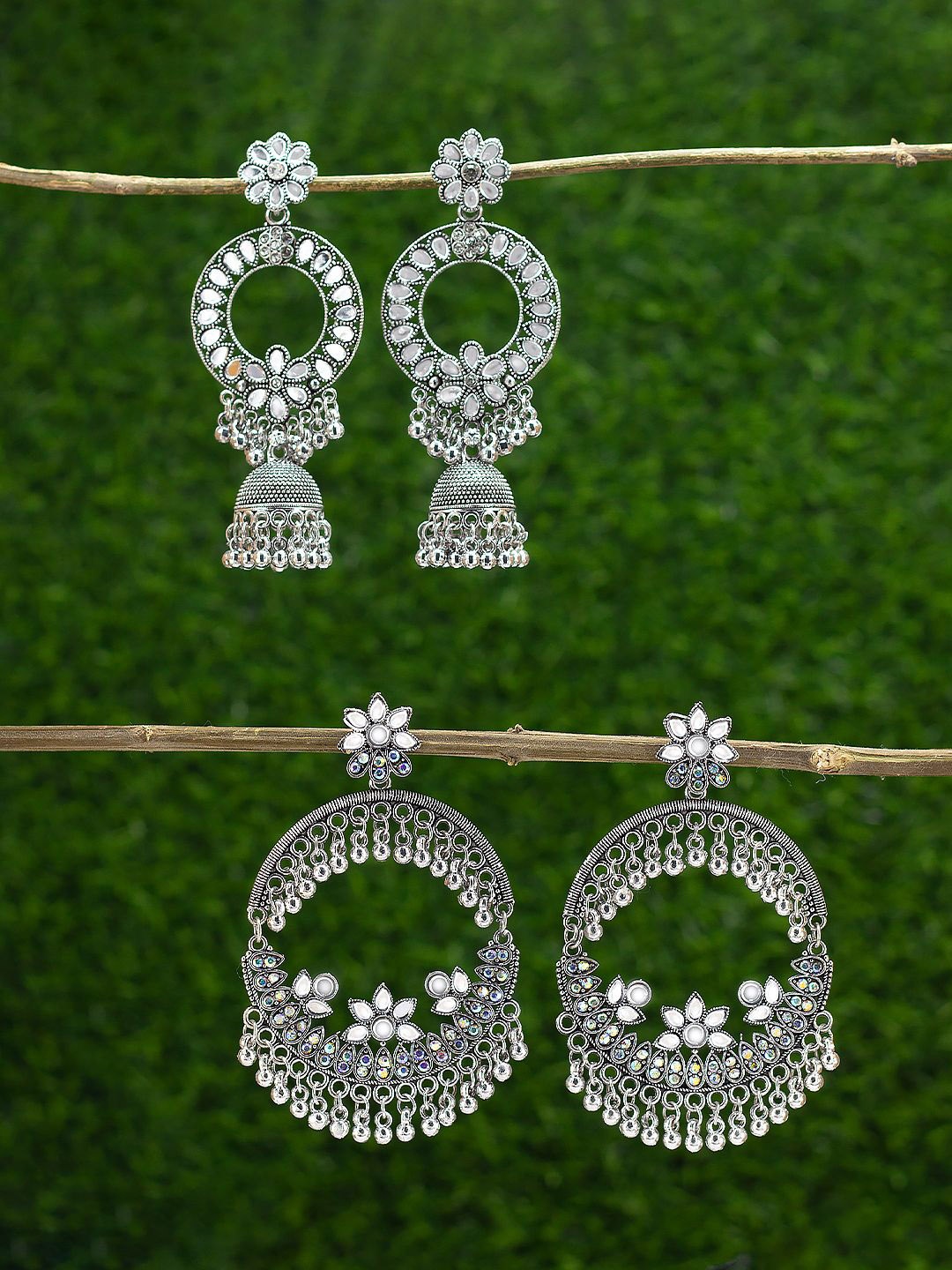 

PRIVIU Silver-Plated Set of 2 Contemporary Oxidised Jhumkas