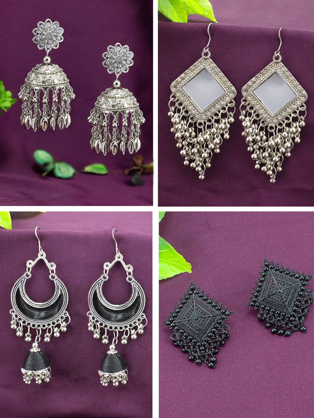 

PRIVIU Set Of 4 Silver-Plated Oxidised Drop Earrings