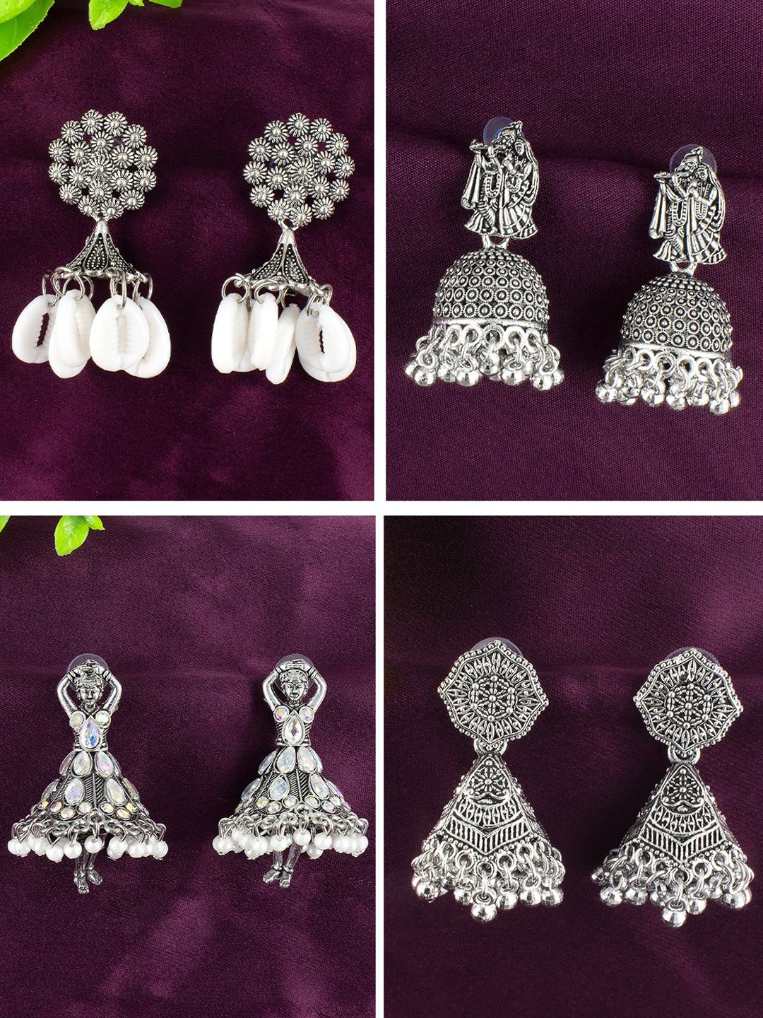 

PRIVIU Set Of 4 Jhumkas Oxidised Jhumkas, Silver