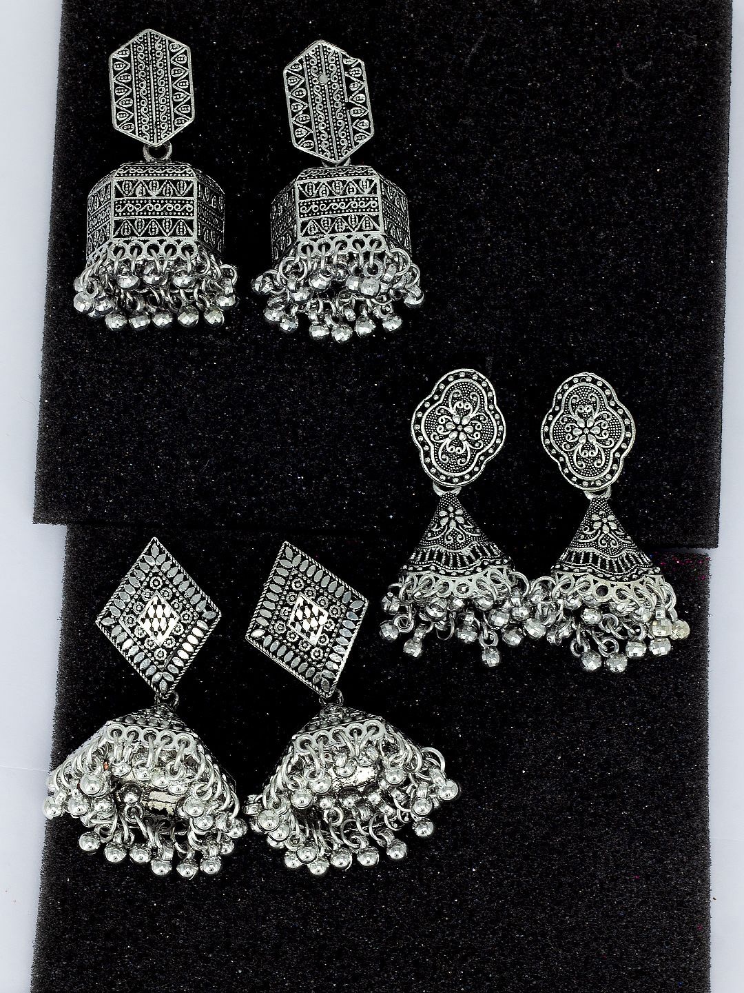 

PRIVIU Set Of 3 Traditional Oxidised Jhumkas, Silver