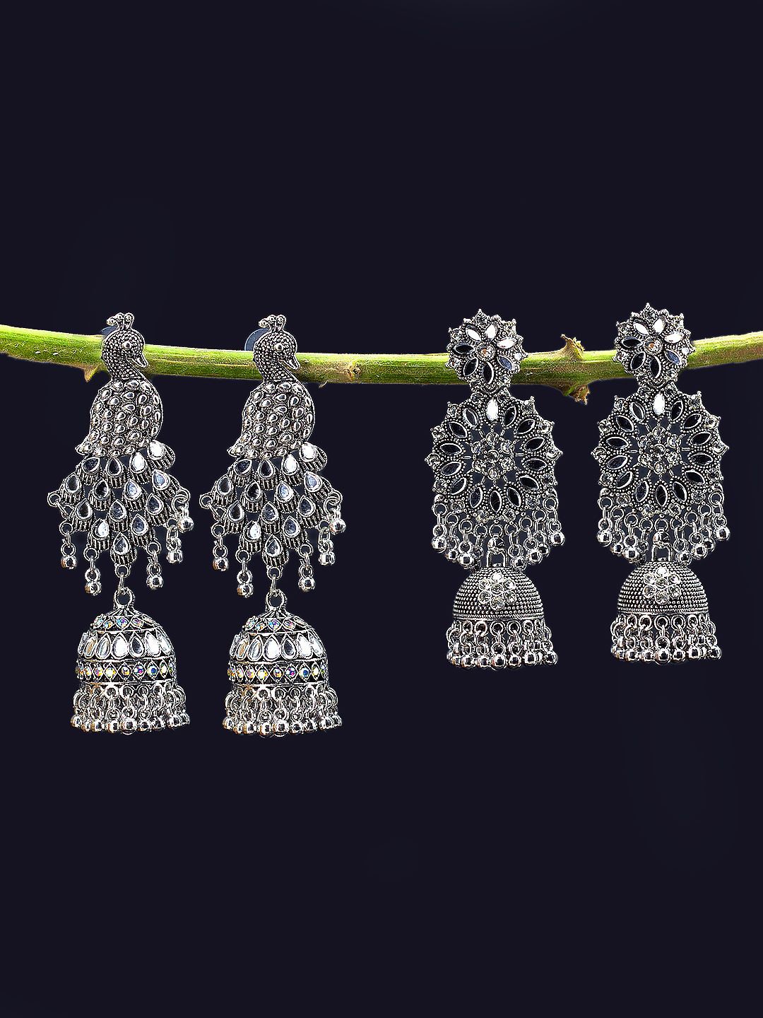 

PRIVIU Set Of 2 Silver-Plated Peacock Shaped Artificial Stones Studded Oxidised Jhumkas