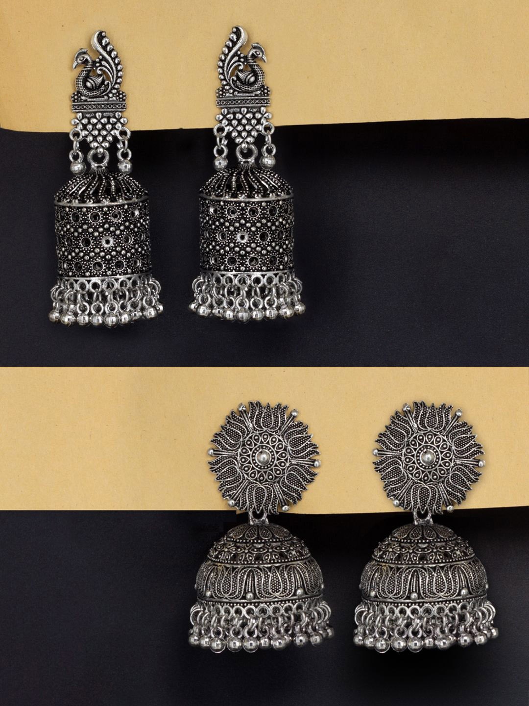 

PRIVIU Set Of 2 Floral Oxidised Jhumkas Earrings, Silver