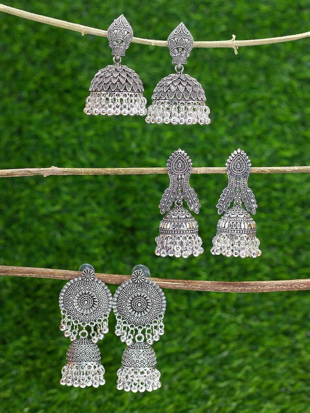 

PRIVIU Silver-Plated Set Of 3 Dome Shaped Oxidised Jhumkas