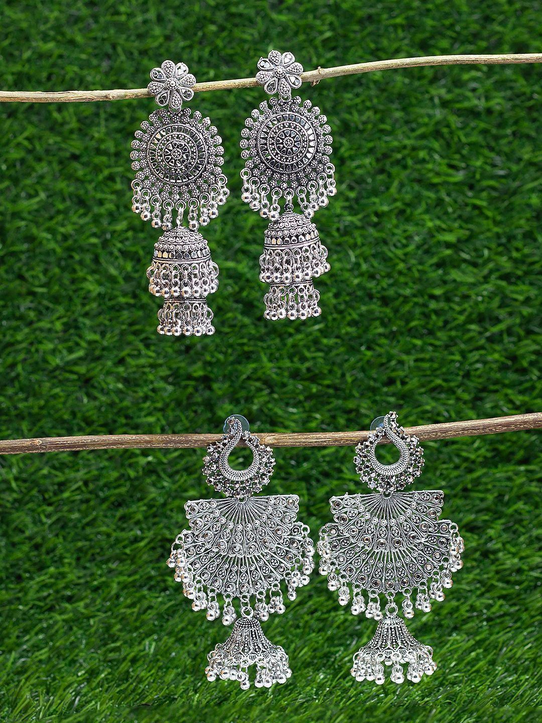 

PRIVIU Set Of 2 Oxidised Jhumkas, Silver