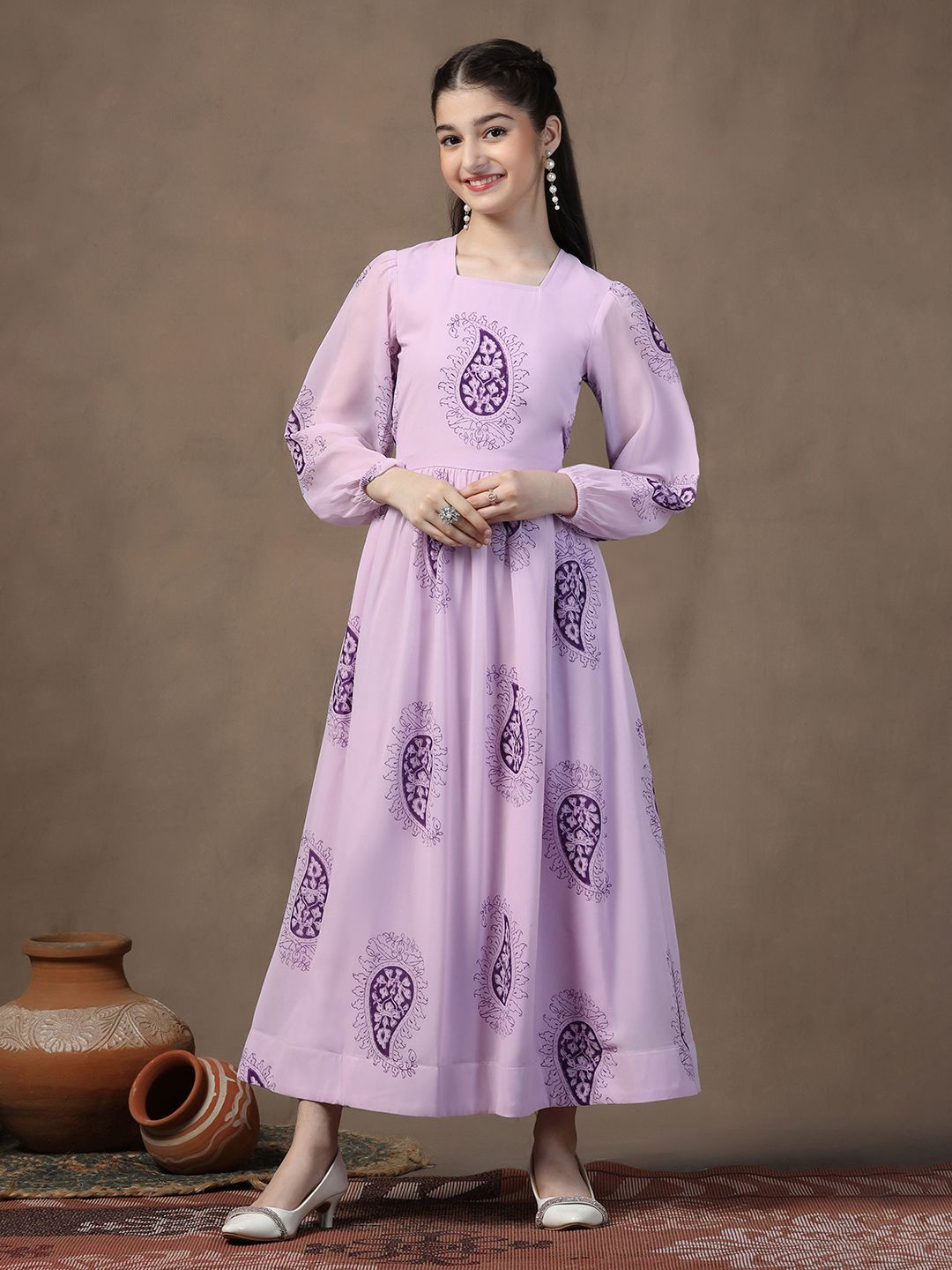 

FASHION DREAM Ethnic Motifs Print Georgette Maxi Dress, Purple