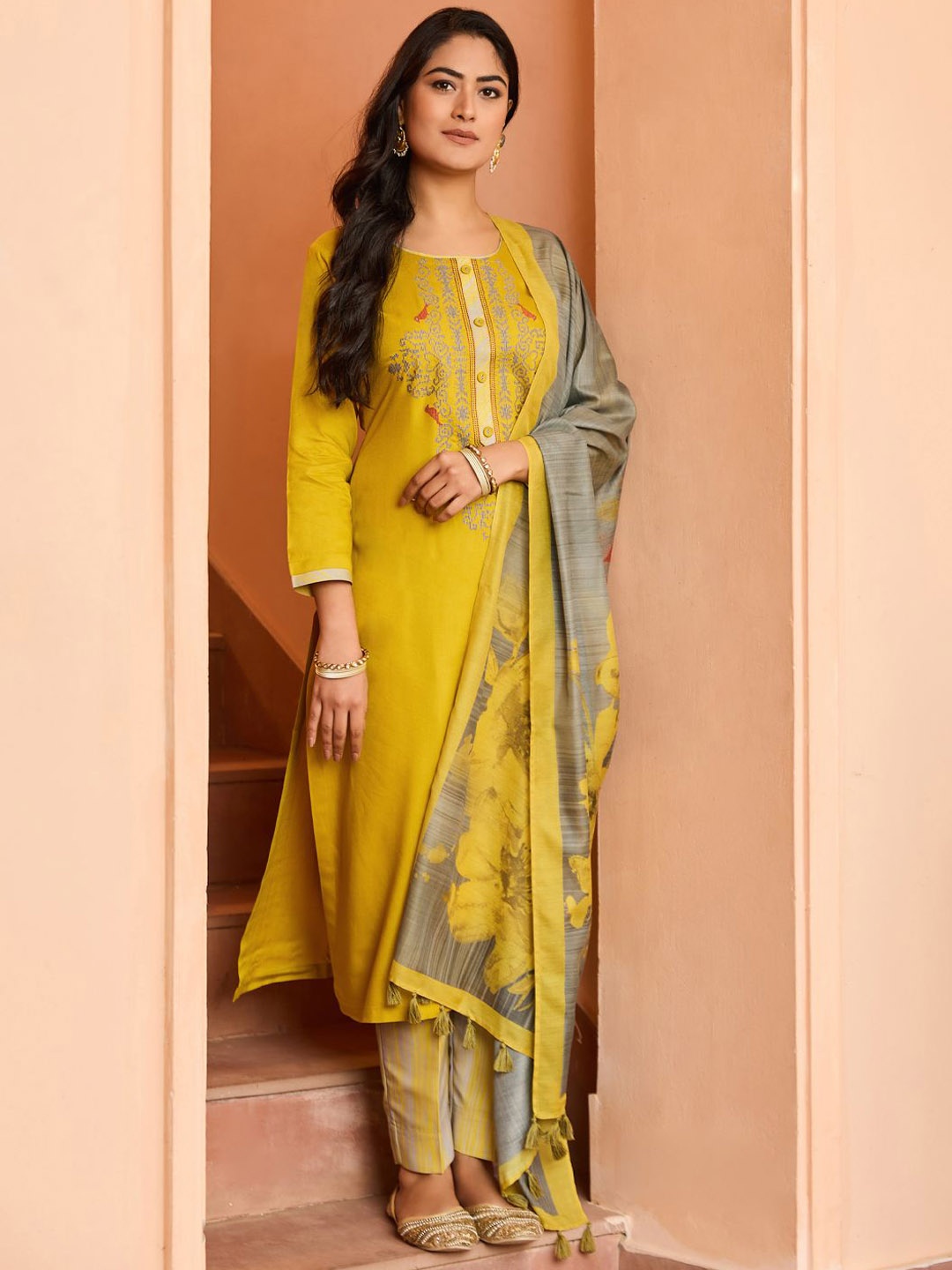 

WOMEN PLUS Yoke Design Thread Work Straight Kurta With Trousers & Dupatta, Mustard