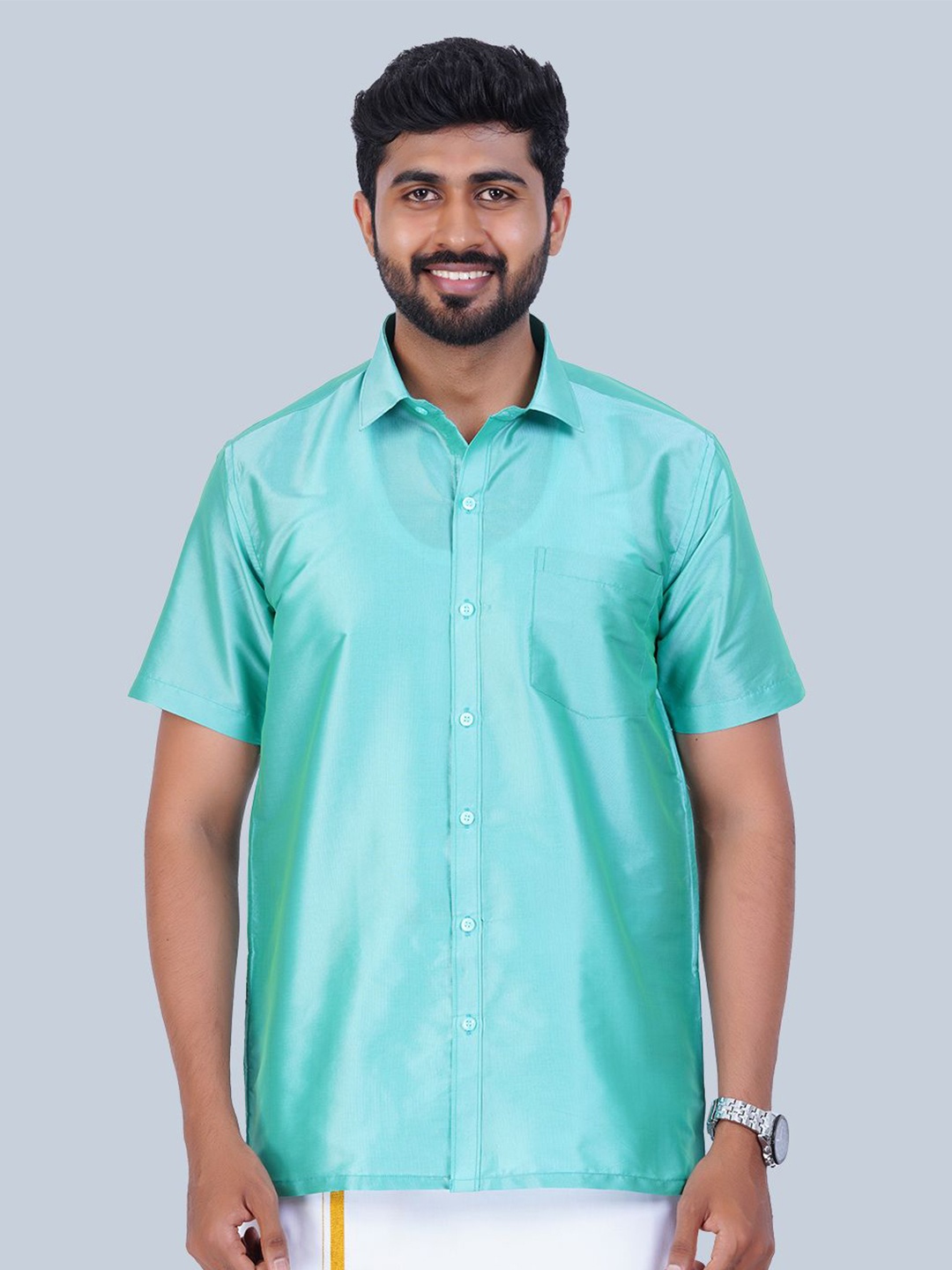 

THANGAMAGAN Men Standard Spread Collar Solid Casual Shirt, Turquoise blue