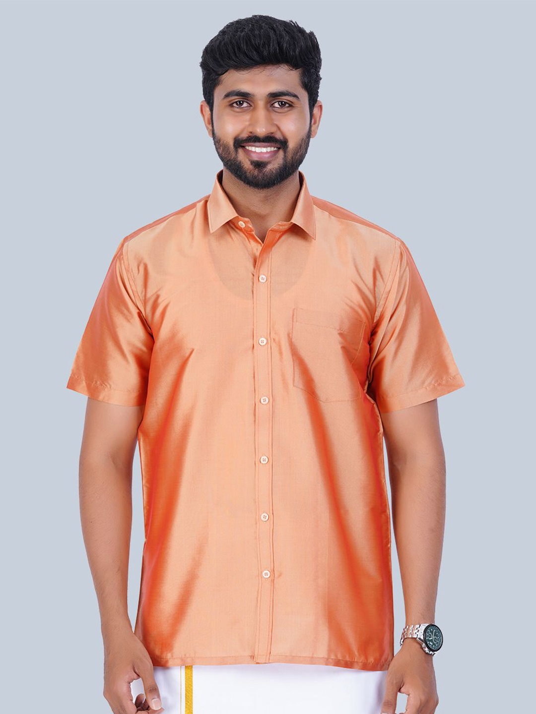 

THANGAMAGAN Men Standard Spread Collar Solid Casual Shirt, Orange