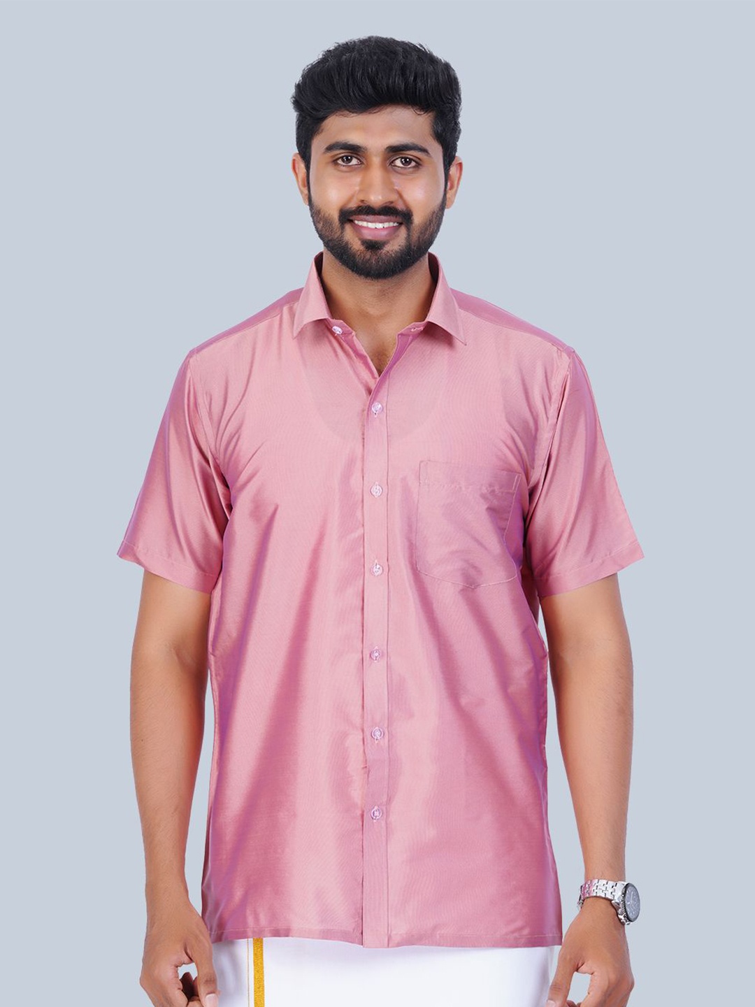 

THANGAMAGAN Men Standard Spread Collar Solid Casual Shirt, Peach