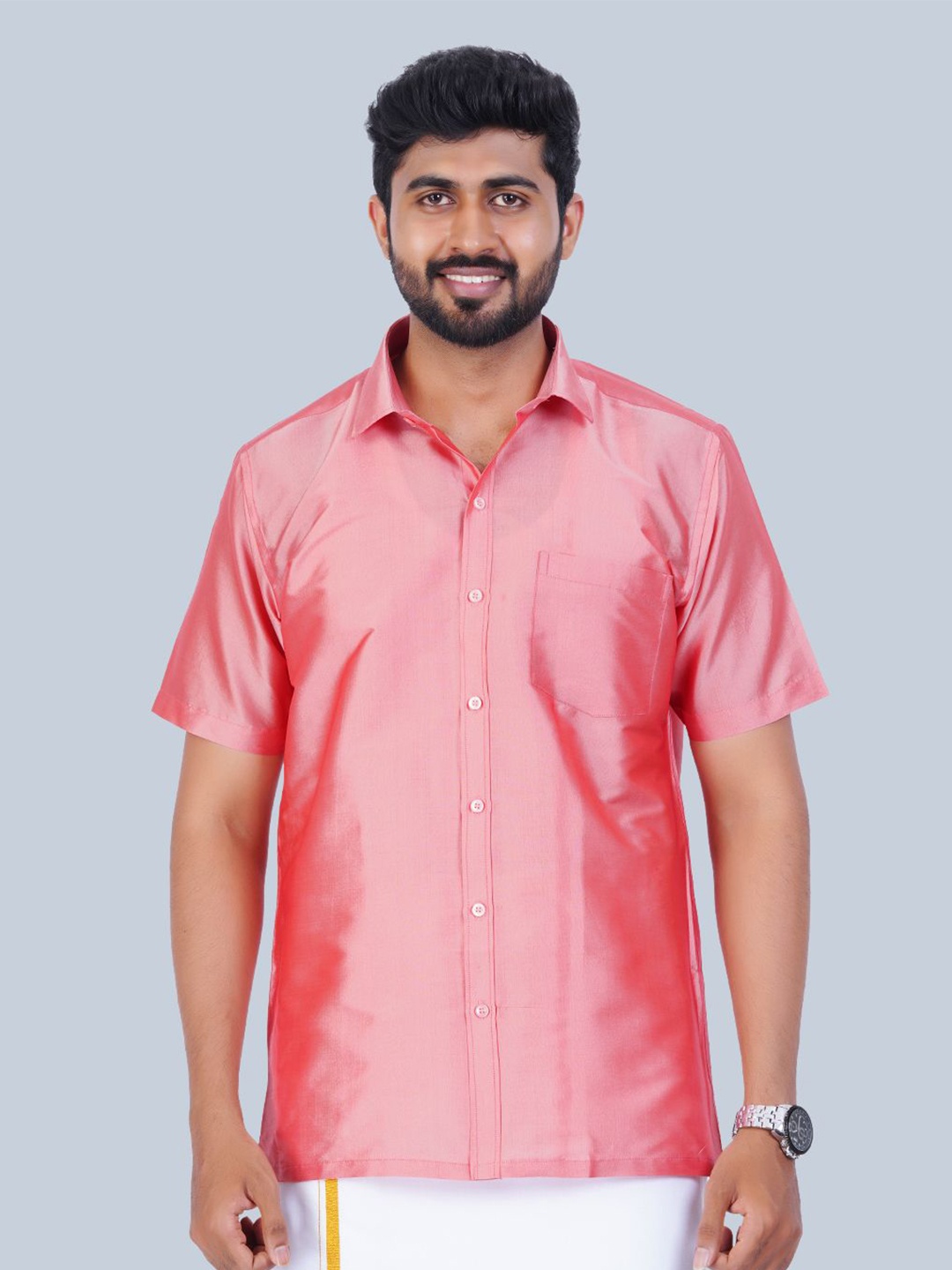 

THANGAMAGAN Men Standard Spread Collar Solid Casual Shirt, Peach