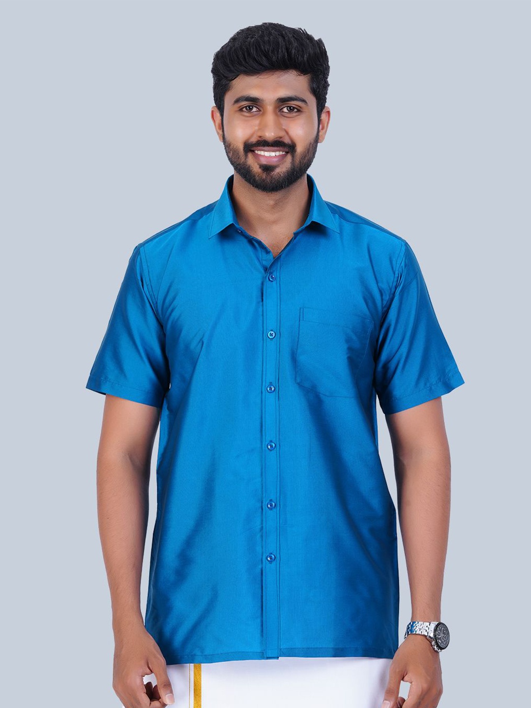 

THANGAMAGAN Men Standard Spread Collar Solid Casual Shirt, Blue