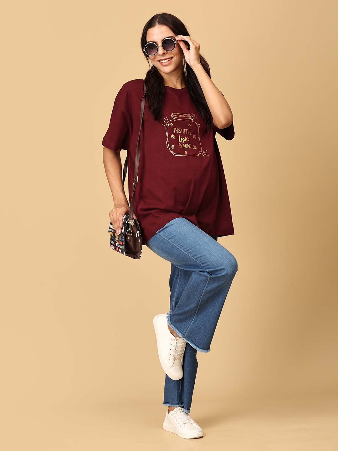 

The Mom Store Women Typography Printed Round Neck Cotton Maternity Oversized T-shirt, Maroon