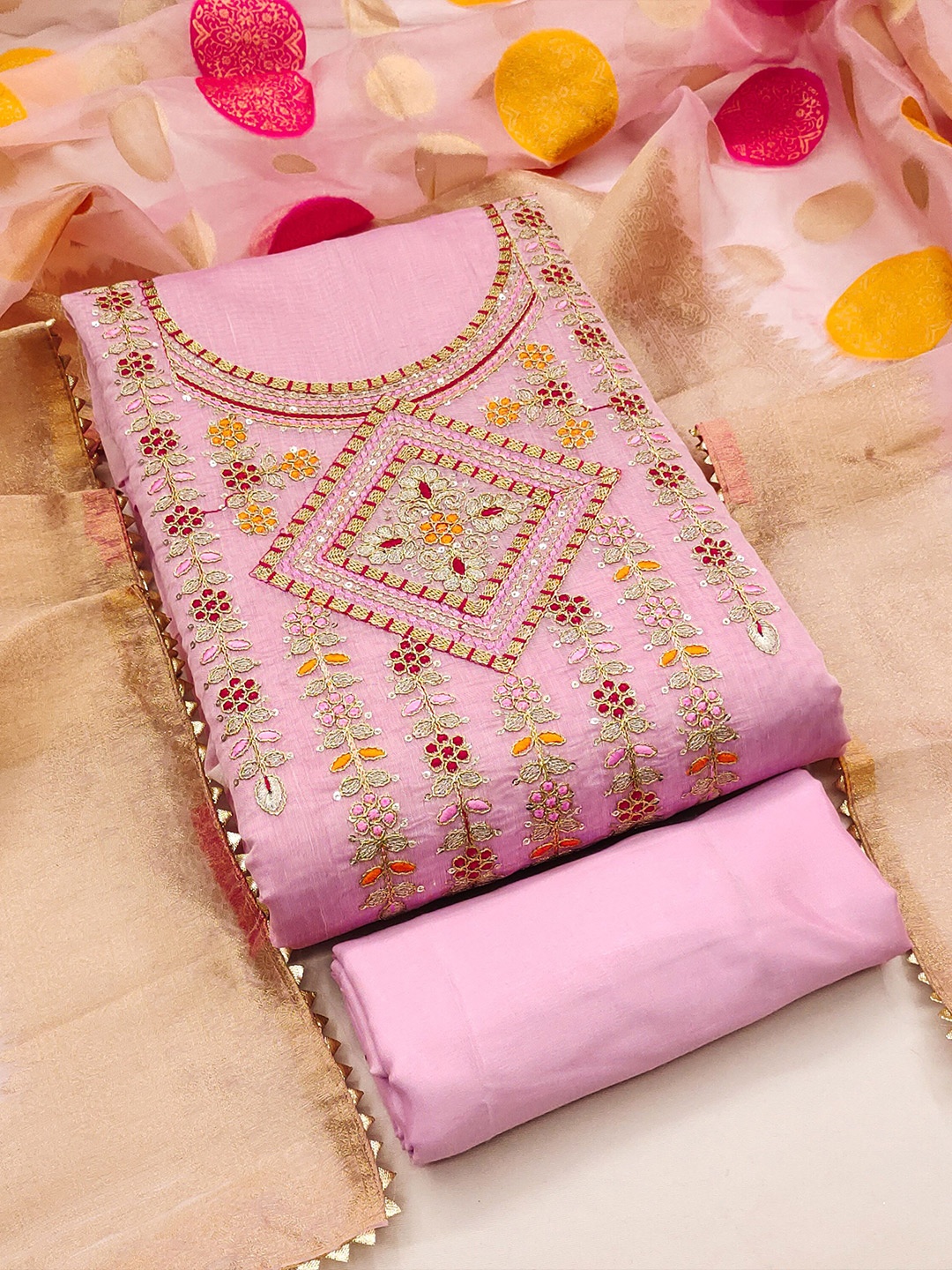 

KALINI Floral Embroidered Sequinned Unstitched Dress Material, Pink