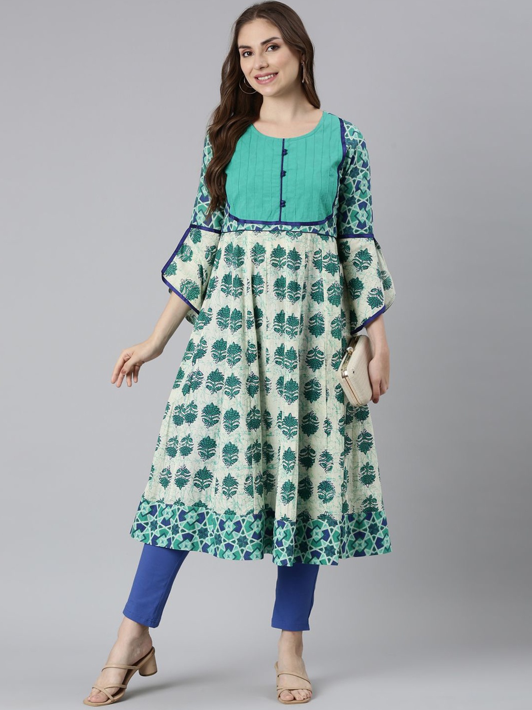 

Souchii Ethnic Motifs Printed Bell Sleeves Anarkali Kurta, Cream
