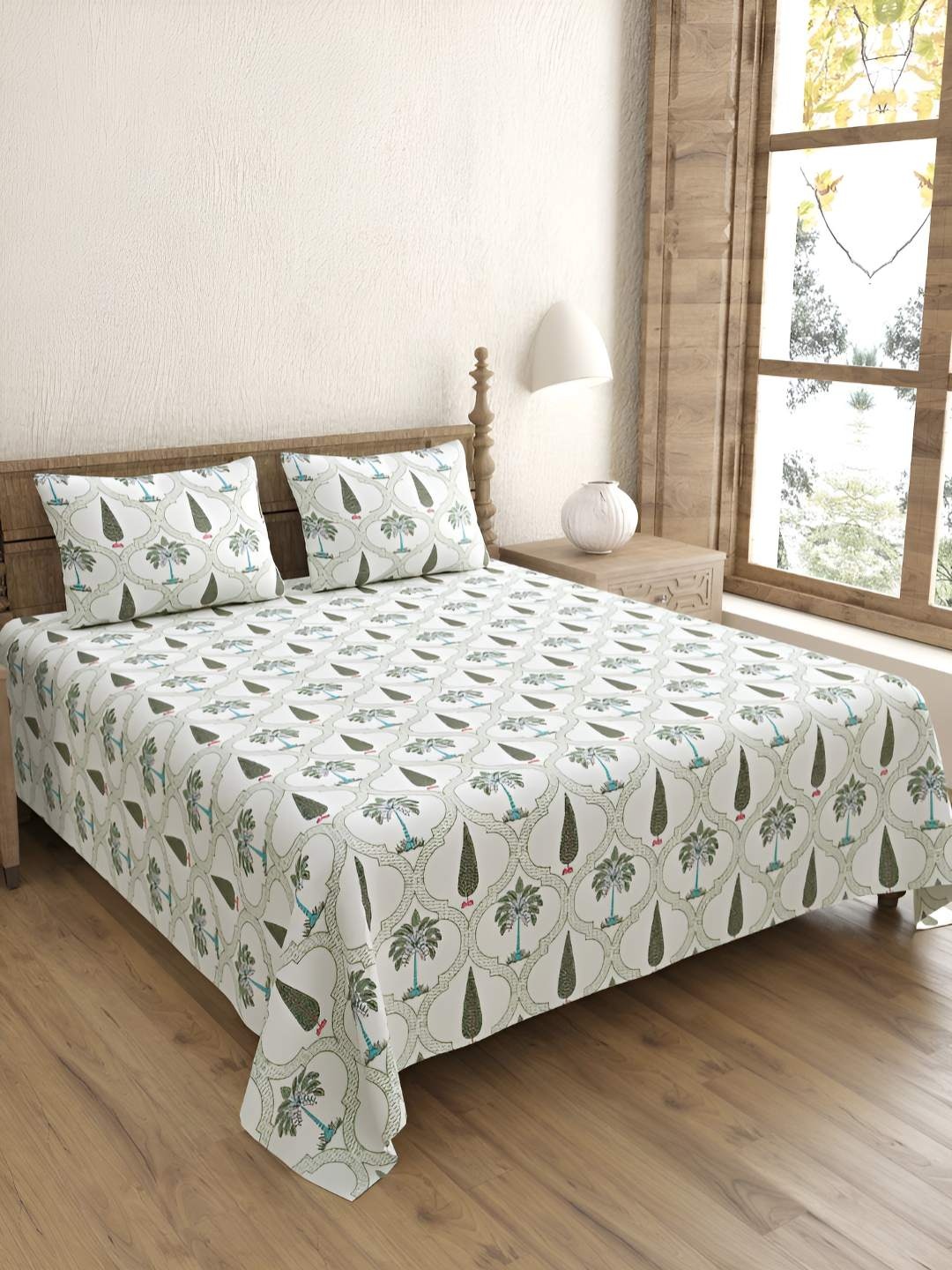 

BED-SHEET.COM White & Green Ethnic Motifs 240 TC Cotton King Bedsheet with 2 Pillow Covers