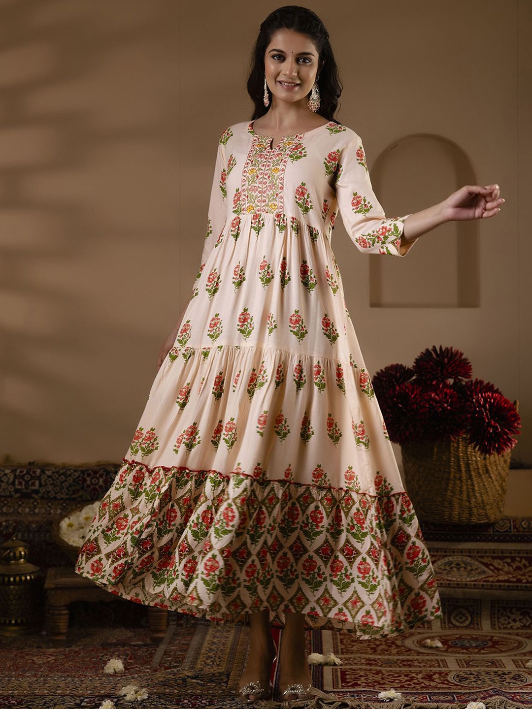 

GULMOHAR JAIPUR Floral Printed Notch Neck Thread Work Anarkali Kurta, Pink