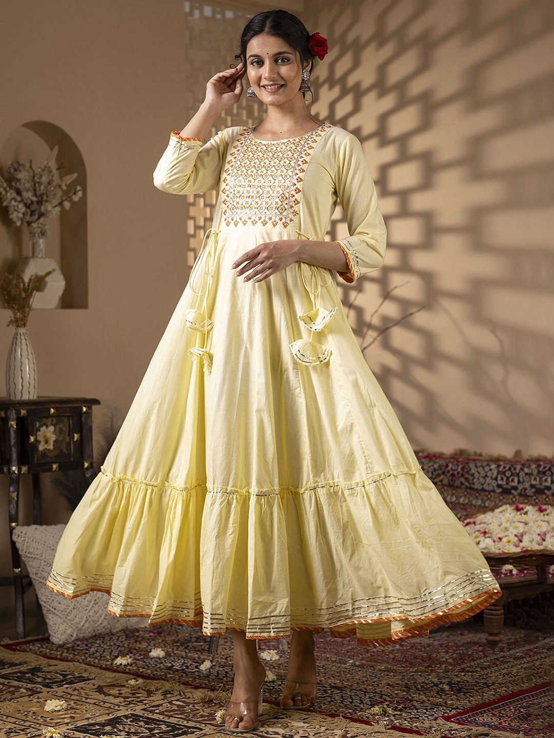 

GULMOHAR JAIPUR Round Neck Ethnic Motifs Yoke Design Anarkali Kurta, Yellow