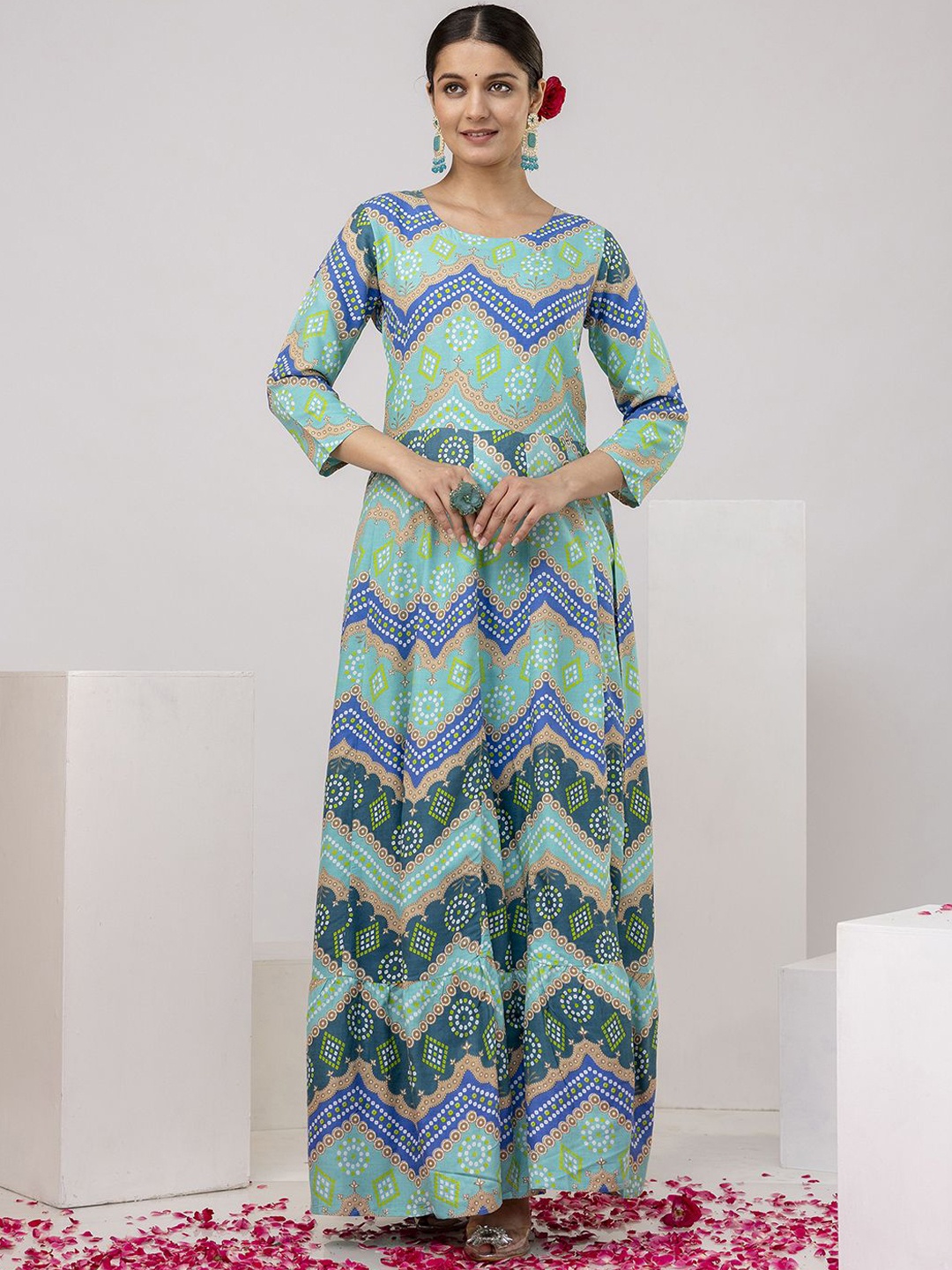 

GULMOHAR JAIPUR Bandhani Printed Three-Quarter Sleeves Anarkali Flared Kurta, Blue