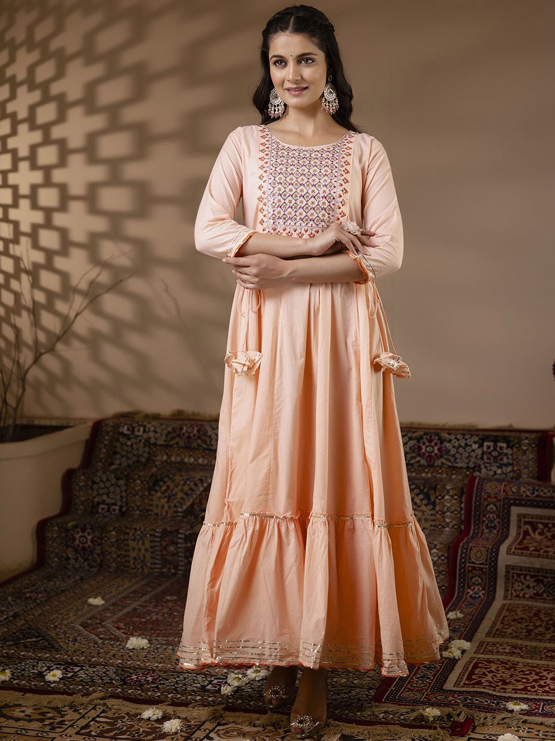 

GULMOHAR JAIPUR Round Neck Ethnic Motifs Yoke Design Anarkali Kurta, Pink