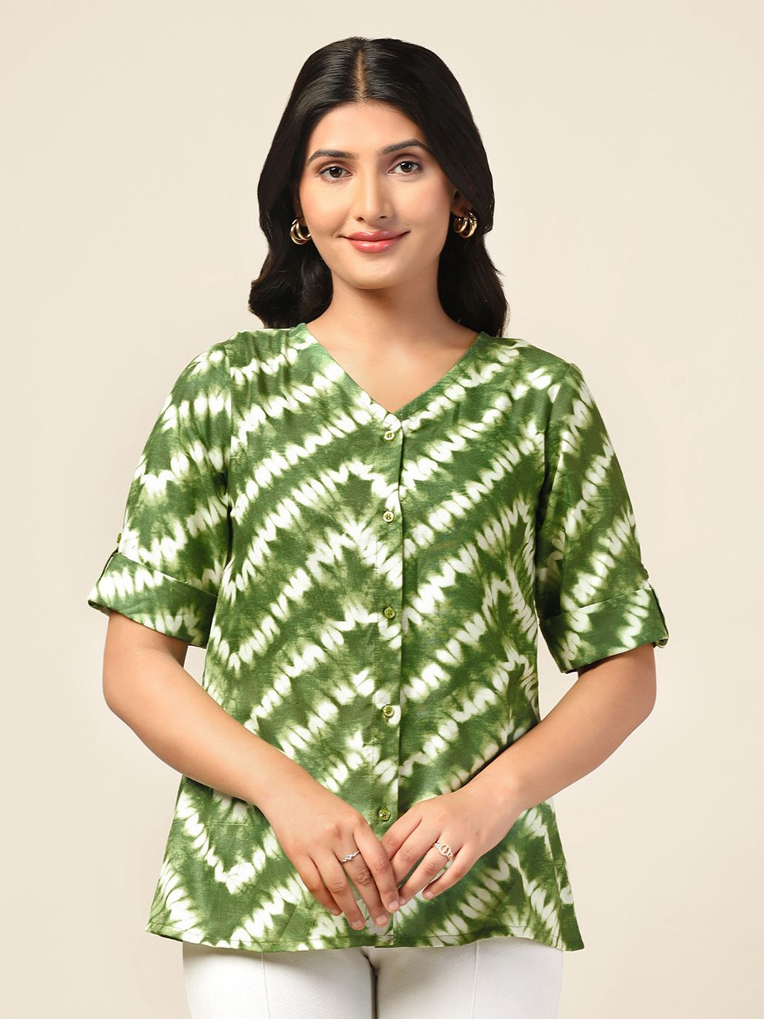 

FASHION DREAM Tie and Dye Roll-Up Sleeves Shirt Style Top, Green