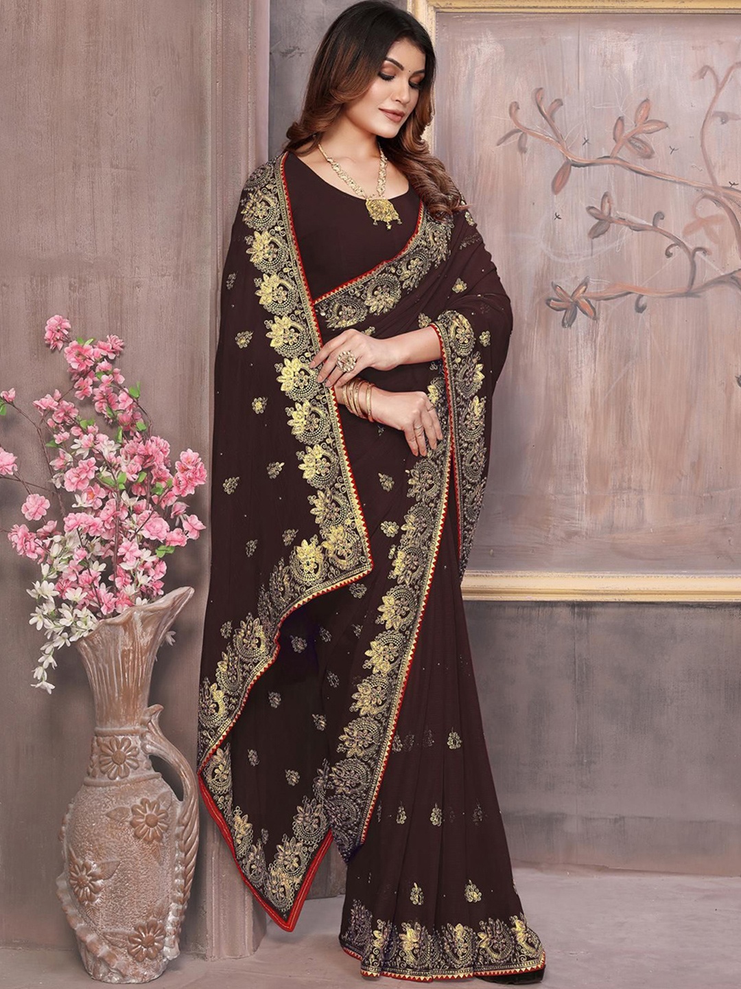 

KHRITI FAB Embellished Embroidered Pure Georgette Saree, Brown