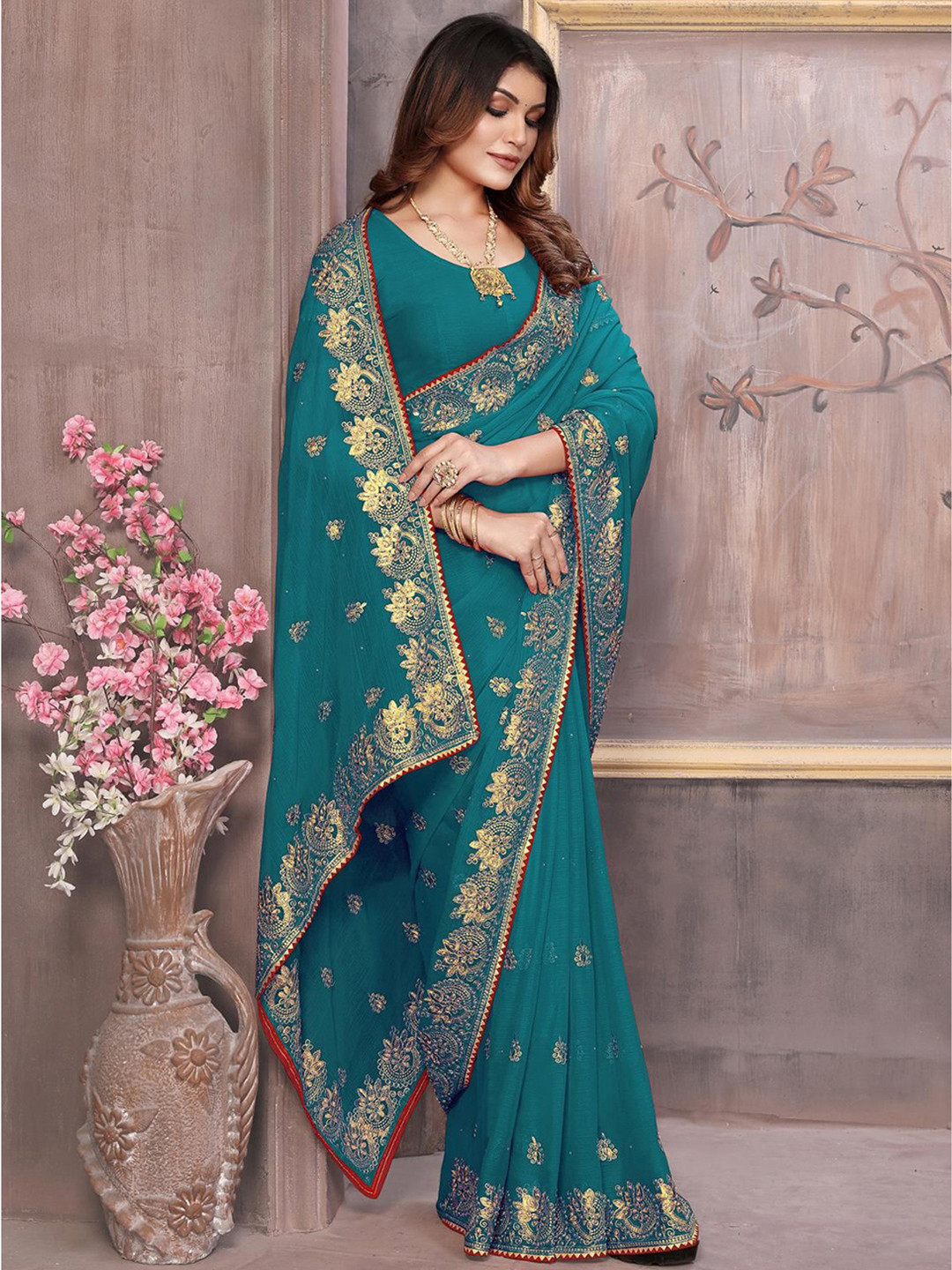 

KHRITI FAB Beads and Stones Ethnic Motif Embroidered Saree, Turquoise blue