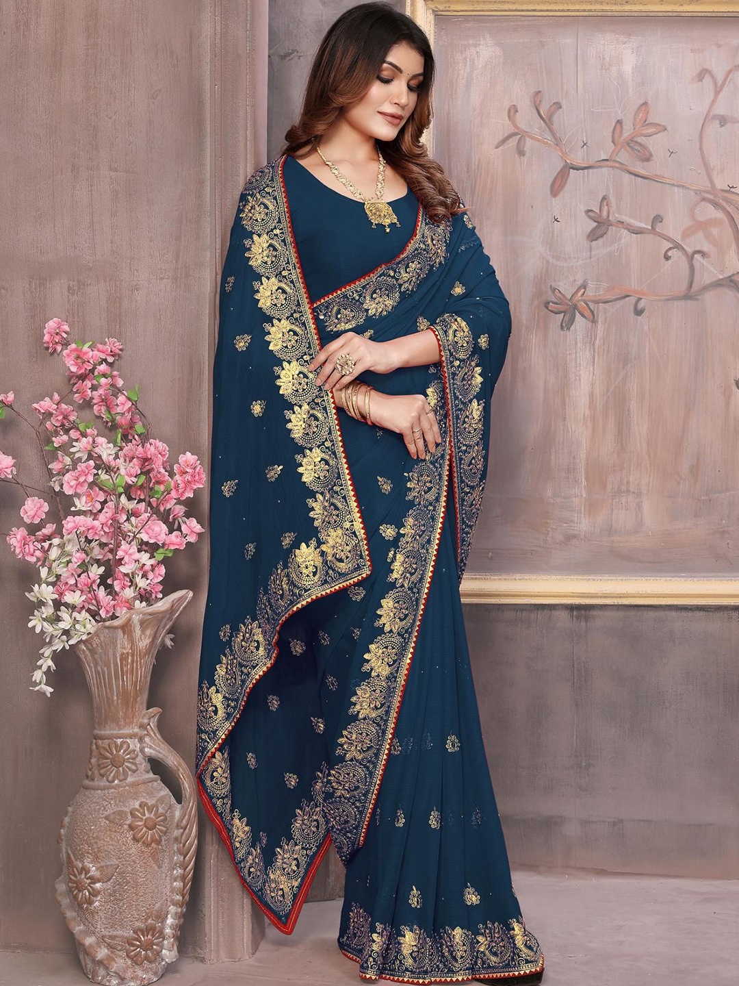 

KHRITI FAB Beads and Stones Woven Design Embroidered Saree, Teal