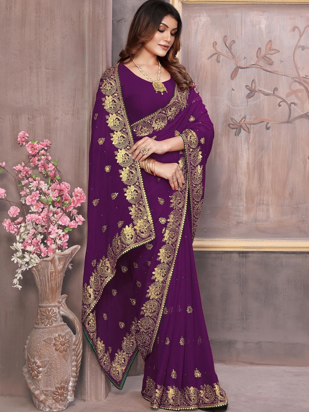 

KHRITI FAB Embellished Embroidered Pure Georgette Saree, Purple