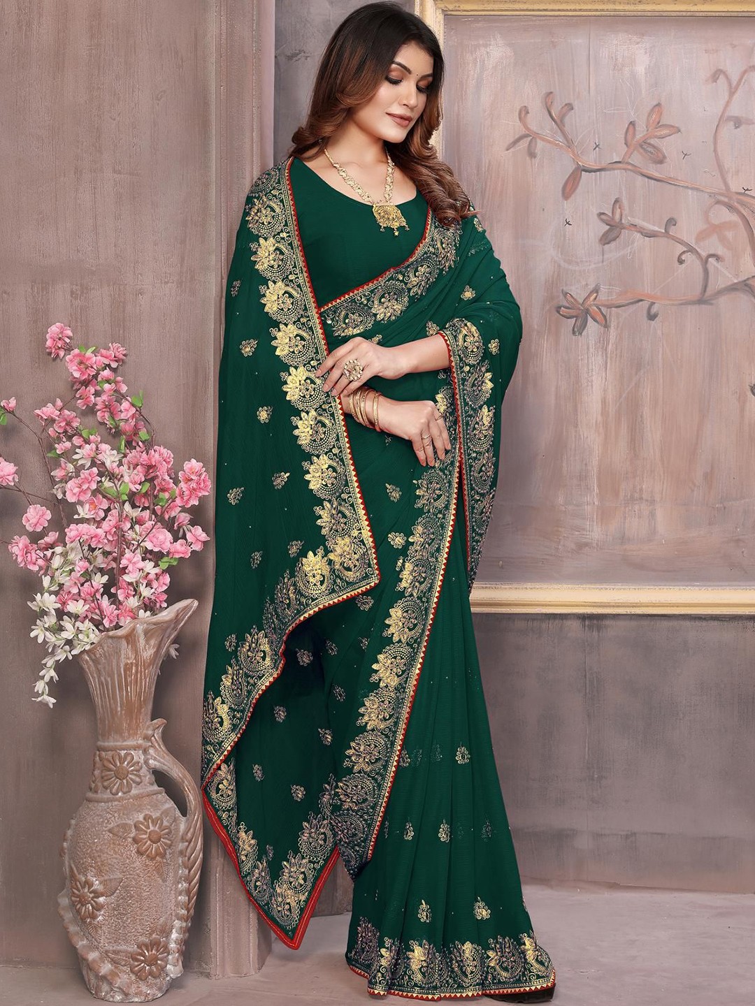 

KHRITI FAB Floral Embroidered Pure Georgette Saree, Green