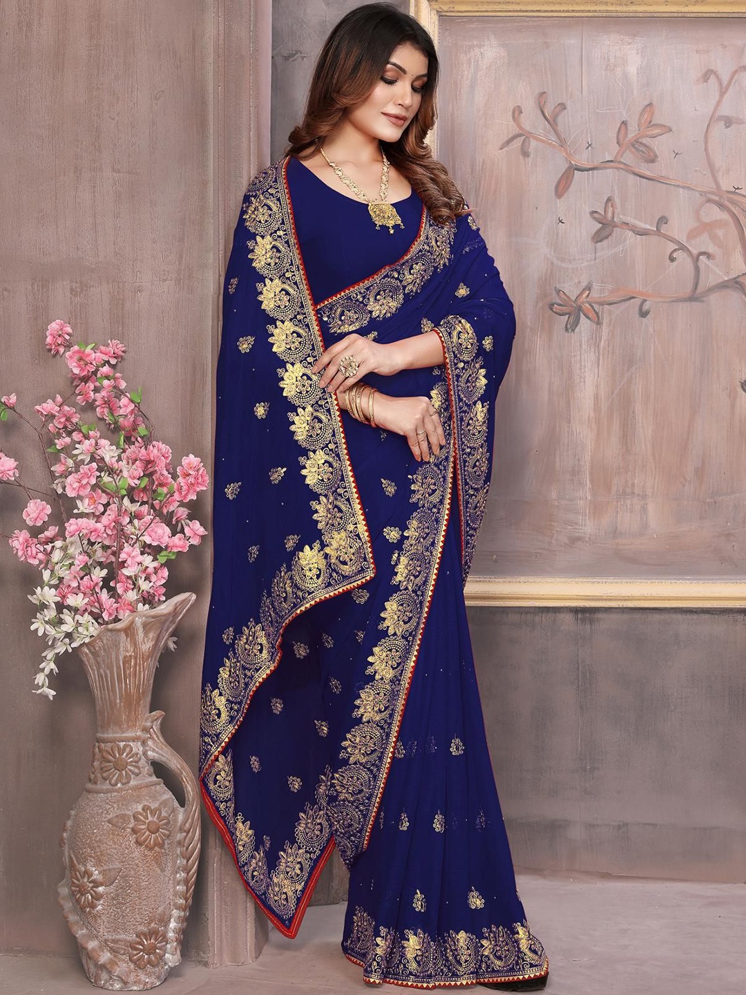 

KHRITI FAB Floral Beads and Stones Pure Georgette Saree, Navy blue