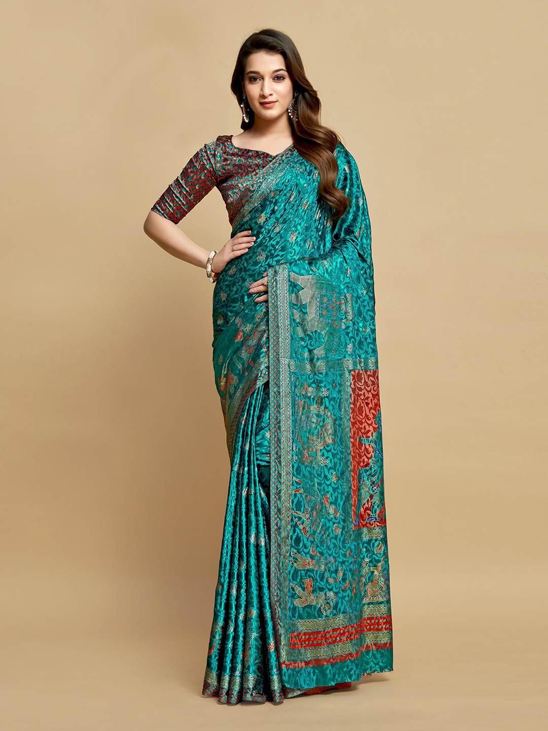 

ALAGINI Ethnic Motifs Zari Banarasi Saree, Teal