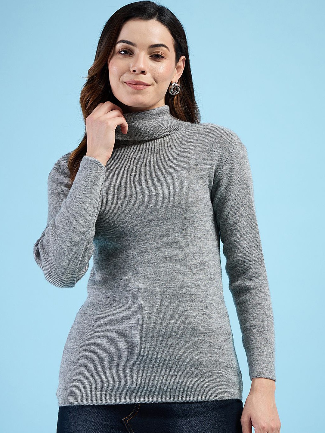 

CLAPTON Women Henley Neck knitted Wool Full Sleeve Pullover Winter Sweater, Grey