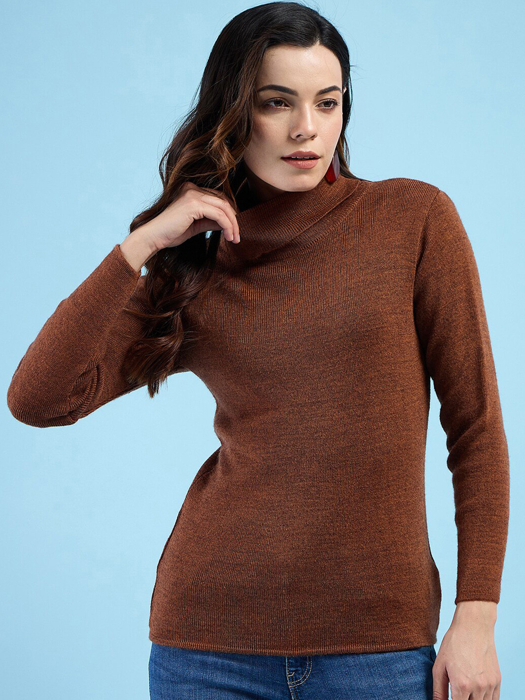 

CLAPTON Women Henley Neck knitted Wool Full Sleeve Pullover Winter Sweater, Brown