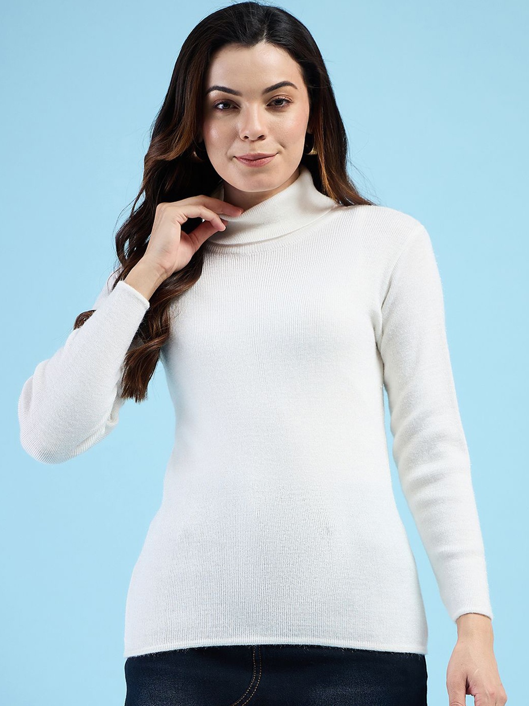 

CLAPTON Women Henley Neck knitted Wool Full Sleeve Pullover Winter Sweater, White