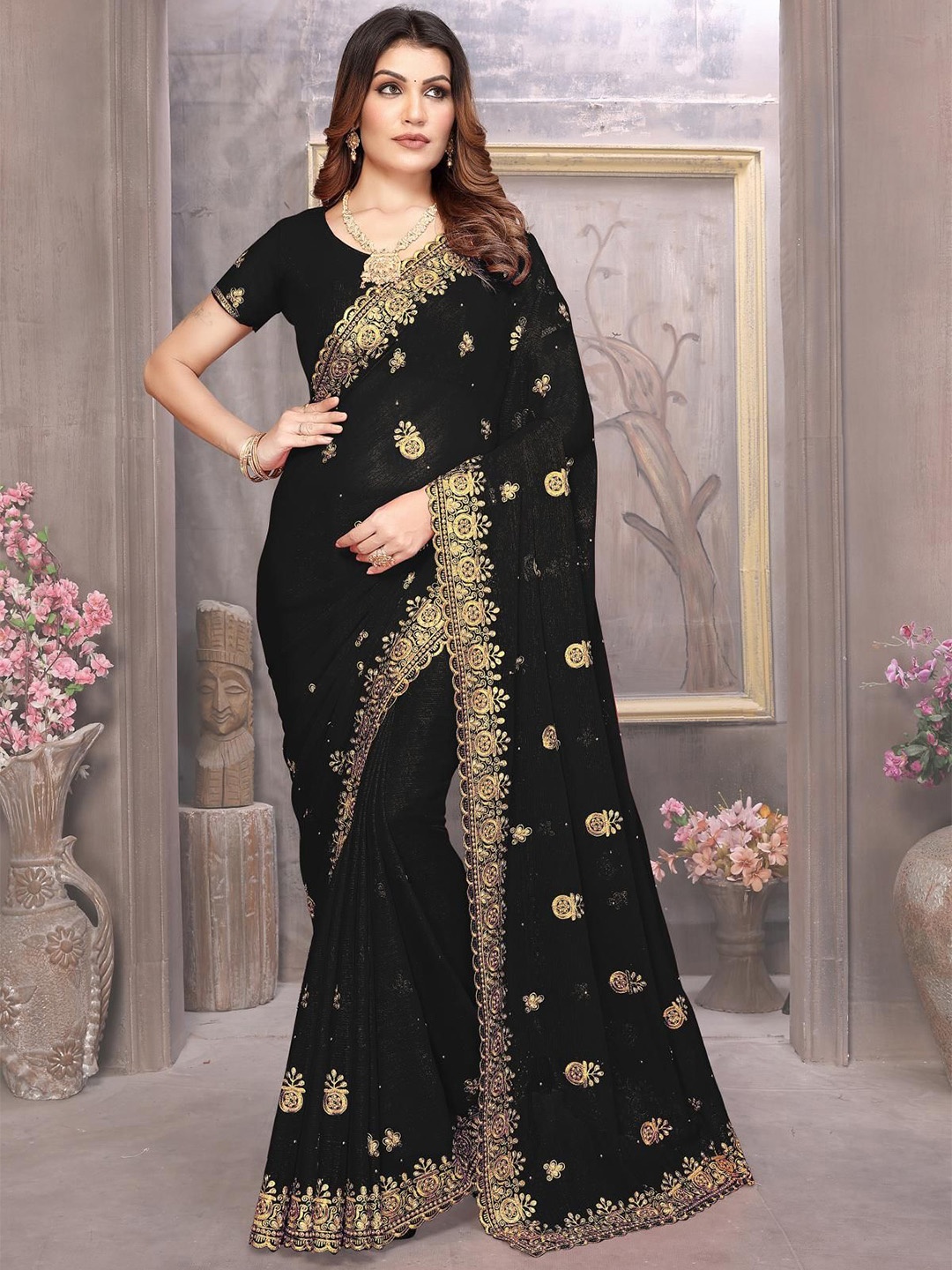 

KHRITI FAB Floral Embroidered Pure Georgette Saree, Black