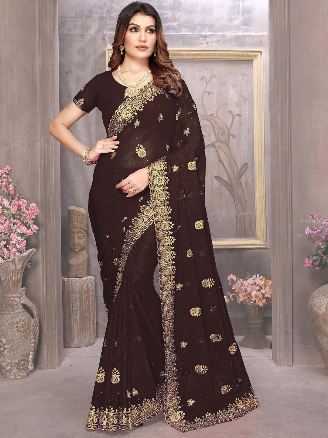

KHRITI FAB Floral Embroidered Pure Georgette Saree, Brown