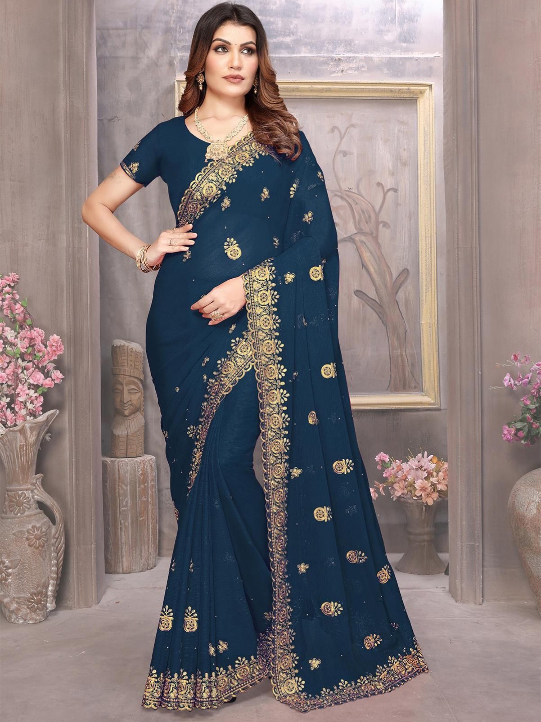 

KHRITI FAB Floral Embroidered Pure Georgette Saree, Teal