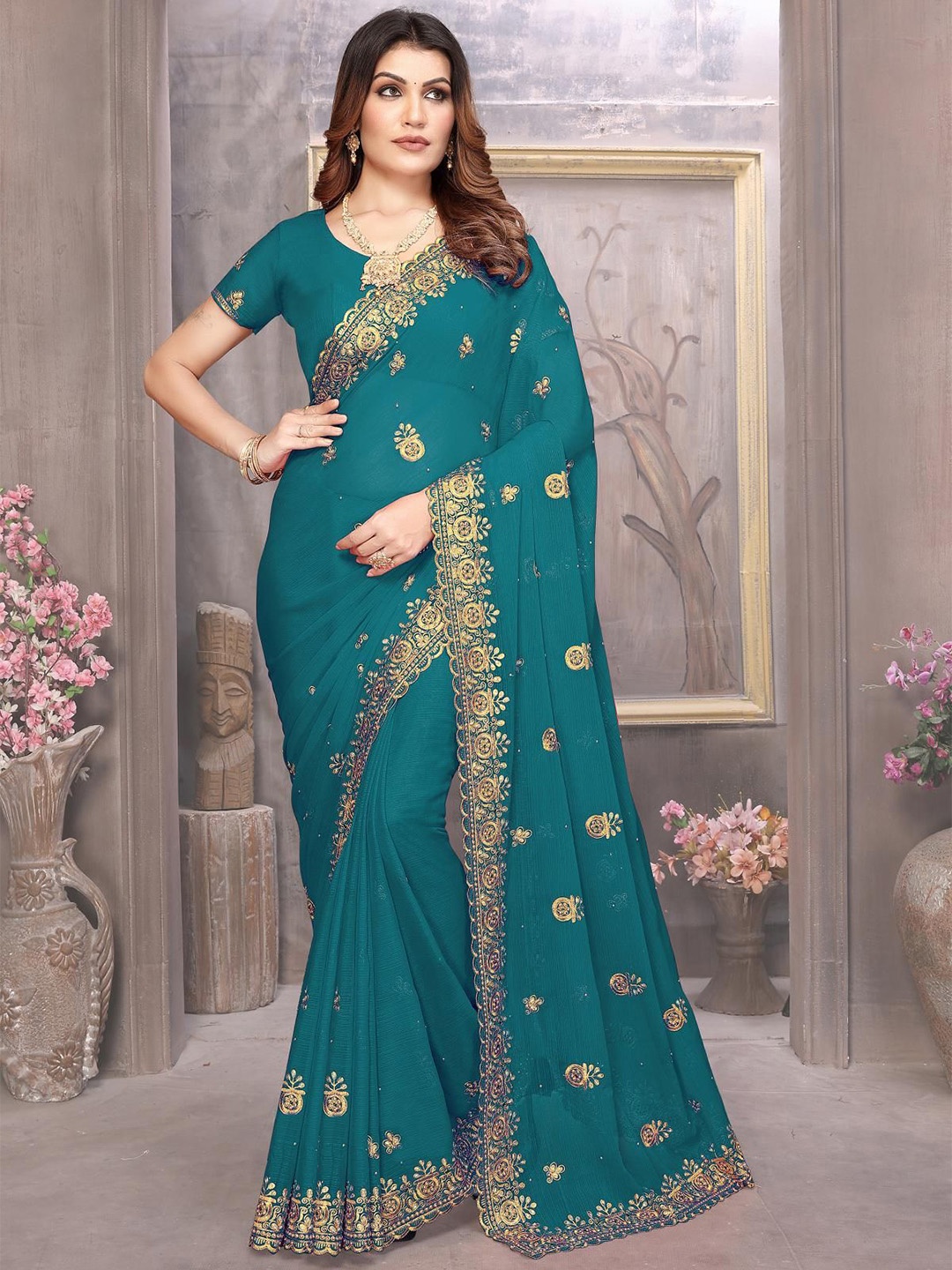 

KHRITI FAB Embroidered Pure Georgette Saree, Turquoise blue
