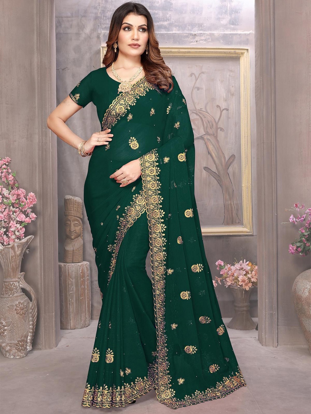 

KHRITI FAB Pure Georgette Embroidered Woven Design Saree, Green