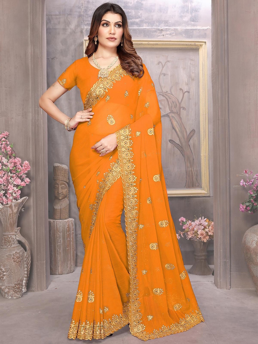 

KHRITI FAB Ethnic Motifs Embroidered Pure Georgette Saree, Gold